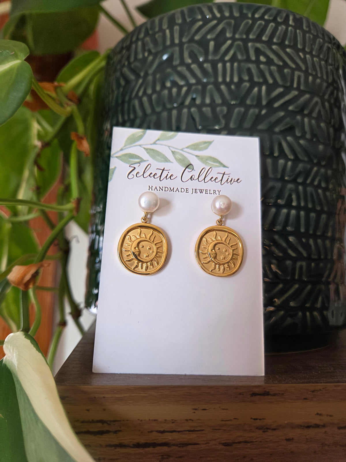 Gold Celestial Wax Seal Inspired Earrings with Pearl Studs
