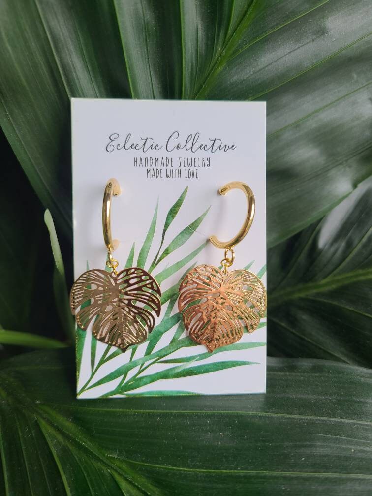 gold plated filigree monstera half hoops