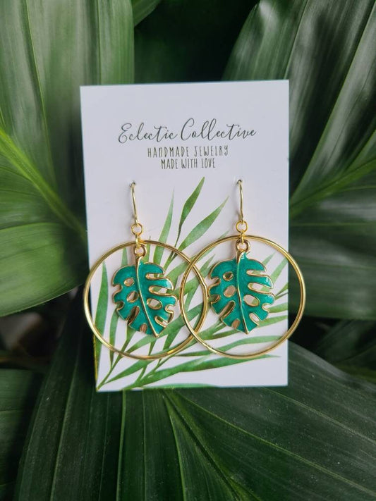 enamel and gold plated monstera hoops