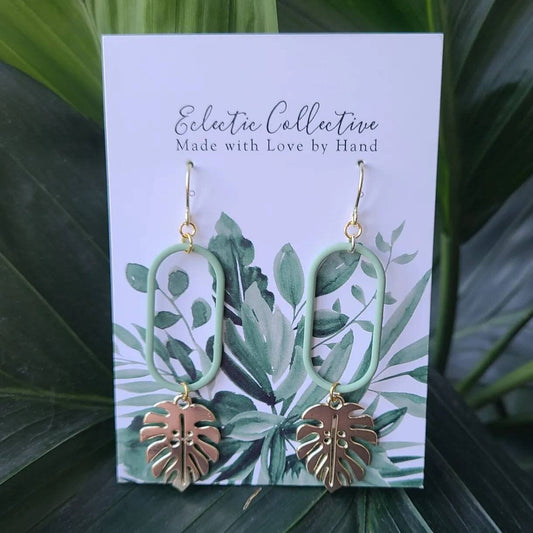 Sage green monstera dangle earrings