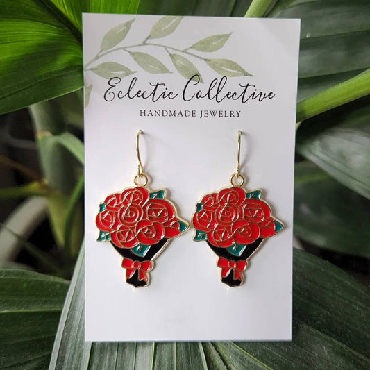 Red rose bouquet earrings