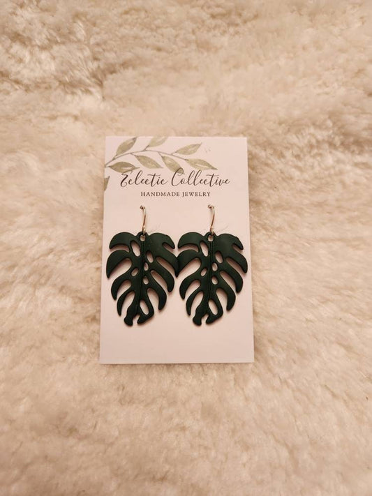 Rubberized green monstera leaf earrings